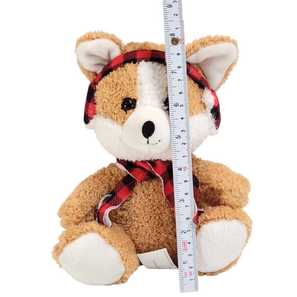 Light Brown Dog Plush Stuffed Animal 7" Red Plaid Earmuffs Scarf Soft Toy Corgi - Picture 2 of 15
